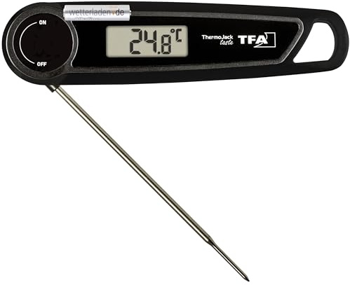 TFA Dostmann Termómetro digital para carne con botón de jack térmico, 30.2035, medición precisa +/- 0,5°, termómetro para barbacoa, barbacoa, cocina, lavable (IP65), punta fina de acero inoxidable
