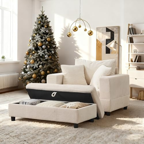 Chaiselongue de Pana con Almacenaje y 3 Cojines, Beige, 107x74x57 cm