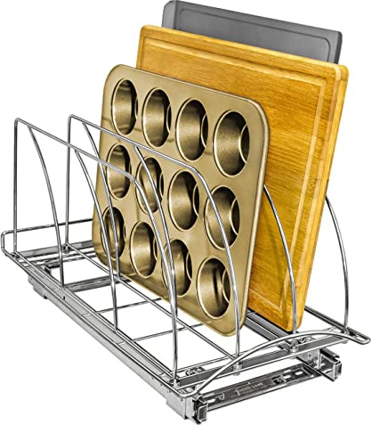 LYNK PROFESSIONAL® Slide Out Cutting Board, Bakeware, and Tray Organizer - Pull Out Kitchen Cabinet Organizer - 10 inch wide x 21 inch deep - Chrome