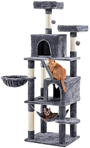 Yaheetech Cat Tree for Indoor Cats, 182cm Large Cat Tower with 5 Sisal-Covered Scratching Posts, 1 Scratching Ramp, 2 Cozy Condos, 2 Perches, Hammock, Pet Activity Centre House, Dark Grey