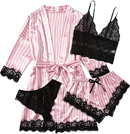 AudMsier Pijama De Satén De Cuatro Piezas para Mujer, Ropa Interior De Encaje, Bata Corta con Cinturón, Ropa De Seda (Rayas Rosas y Negras, M)