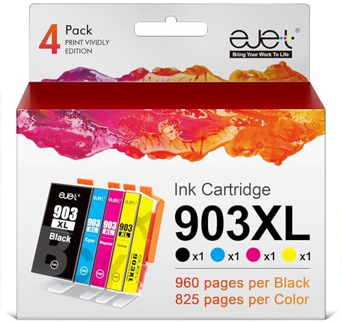 ejet 903XL Multipack Druckerpatronen Kompatibel für HP 903 XL HP Officejet 6950 Druckerpatronen Officejet Pro 6970 Patronen 6960 All-In-One Drucker (Schwarz Cyan Magenta Gelb, 4er-Pack)