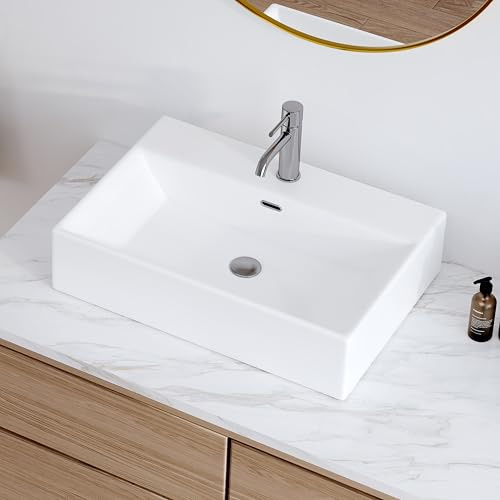 24 x 16.5 Bathroom Sink Vessel Rectangle, Eridanus Hang Wall Mount Sinks Countertop Vanity Floating Trough Washbasin, Ceramic Porcelain Modern White Art Basin Bowl with Overflow