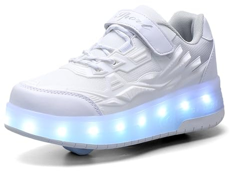 Mateju Kinder Schuhe mit Rollen für Mädchen Jungen Weiß Rollschuhe Schuhe mit 2 Rollen, 2 in 1 Turnschuhe Versenkbarer, Damen Herren Roller Schuhe Turnschuhe Skateboardschuhe 36 EU