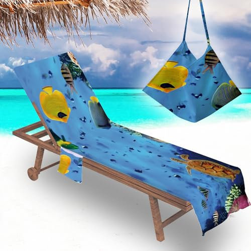 Treer Die Unterwasserwelt Druck Sonnenliege Auflage, Gartenliege Abdeckung, Frottee Schonbezug Gartenstuhl mit 2 Taschen, für Schwimmbäder Strände Hotels Liegenauflagen (Gestreifter Fisch,75x210cm)