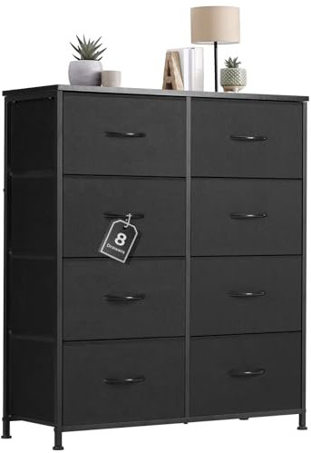 Sweetcrispy Kommode mit Stoff-Schubladen, Sideboard mit 8 Stoff-Schubladen, Schubladenschrank, Organisationsmöbel für Küche, Büro, Flur, TV-Schrank mit Schubladen,Schwarz