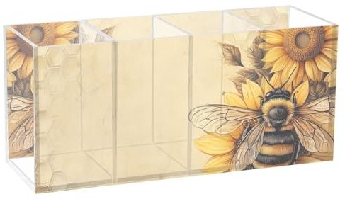 Makeup Brush Organizer Pencil Holder Pen Organizer Clear for Desk Vintage Bee Sunflowers Cosmetic Brushes Stationery Storage