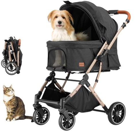 EchoSmile Carrito para Perros y Gatos Plegable con un Botón, Carro Perro 20 kg, Coche para Perros con Mango Reversible, Absorción de Impactos y Almohadilla Lavable Extraíble (Negro)