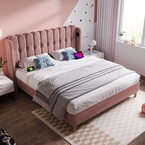 ModernLuxe Upholstered 4FT6 Double Bed, Elegant Bed Frame with USB and Type-C Charging, Wooden Slatted Frame, Suitable for Bedroom and Guest Room, No Mattress, Velvet, Pink, 135x190cm