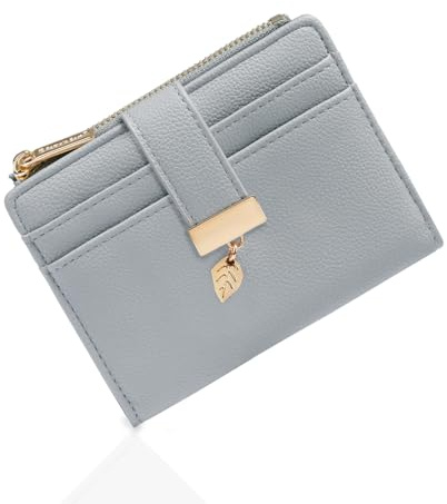 Pomelo Best Women's RFID Wallet - Vegan Leather Bi-fold Small Ladies Purse with Zipper Coin Pocket & ID Window - Leaf Charm Compact Wallet for Women (Grey)