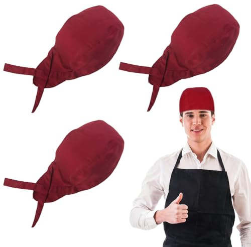 JEYORZY 3 pcs Cappellino da Chef, Cappello da Cuoco per Adulti, Cappello Cucina Regolabile,Bandane Cucina per Cuoco Uomo, Cappelli Bandana Unisex Cucina Berretto da Lavoro per Ristorante, Rosso vino