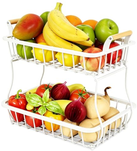 LLHONG 2 Tier Fruit Bowl Basket, Metal Storage Basket, Fruits Stand Holder | Large Capacity | Storage Stand Rack | Detachable | Kitchen Countertop Organizer | for Fruits Vegetables