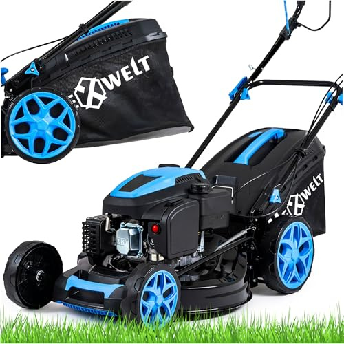Tondeuse À Gazon À Essence avec AUTOTRACTION HEXWELT – Moteur 200 cm³, Largeur de Coupe 51 cm, Fonction Mulching, 9-en-1