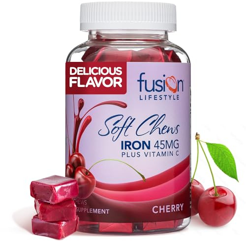 Fusion Lifestyle Chewable Iron Supplement for Women & Men - Cherry Flavor, Iron Vitamin C Soft Chew for Max Absorption, Iron as Ferrous Fumarate, Ideal for Anemia and Iron Deficiency, 2 Month Supply