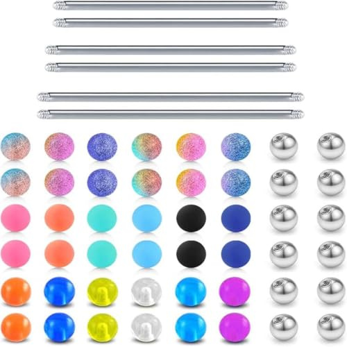 D.Bella 16G 14G Piercing Barra Industrial Púas y Bolas de Repuesto para Piercing Bola de Acrílico Piercing Joyería 32 mm 35 mm 38 mm Longitud Acero Inoxidable plata 6 palos y 48 bolas