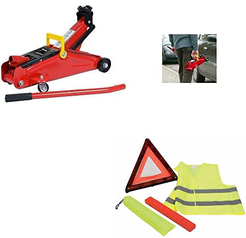 KIT ASSISTENZA PRONTO SOCCORSO AUTO KIT PER AUTO CRICK IDRAULICO A CARRELLO+KIT SOS PRONTO SOCCORSO STRADALE AUTO TRIANGOLO DI EMERGENZA+GIUBBINO FLUO+CUSTODIA IN DOTAZIONE