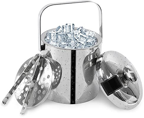 Goklmn 1.3L Ice Bucket,Double Wall Insulated Ice Bucket Kit with Lids Tongs and Strainer Stainless Steel Small Ice Bucket for Bars Families Clubs Party Beer Champagne