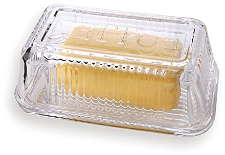 Glass Butter Dish with Lid from 1500 C Tabletop Farm-house Heavy Thick Cover Clear 2-Piece Keeper for Countertop European holder sticks Kitchen Dishwasher Safe