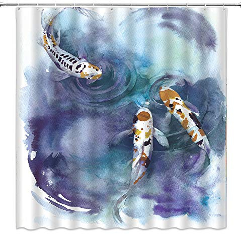 MSAYNFG Koi Fish Shower Curtain Japanese Watercolor Ink Painting Art Medium Purple Pond Colorful Carp Asia Fabric Bathroom Decor Set with Hooks(70 WX70 H)