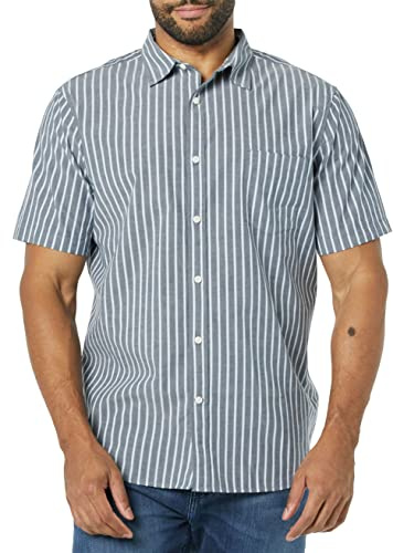 Amazon Essentials Camisa de Popelín de Manga Corta y Ajuste Entallado Hombre, Azul Marino Blanco Rayas, L