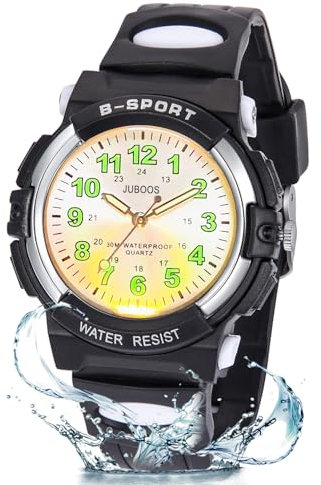 Juboos Neue 7-Farbige Kinderuhren, Kinderuhr Jungen Mädchen Analog Quartz Uhr mit Armbanduhr Kautschuk Wasserdicht Outdoor Sports Uhren 5-16 (Schwarz Silber)