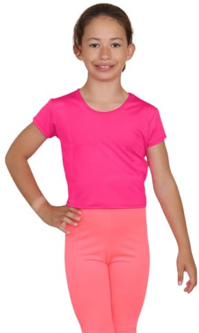 janisramone® Flickor kortärmad t-shirt, stretchig mikrofiber rund hals magtröja för flickor, vanlig sommartopp, barn löpning yoga spela aktiv sportkläder beskuren t-shirt, Neon rosa, 7-8 År