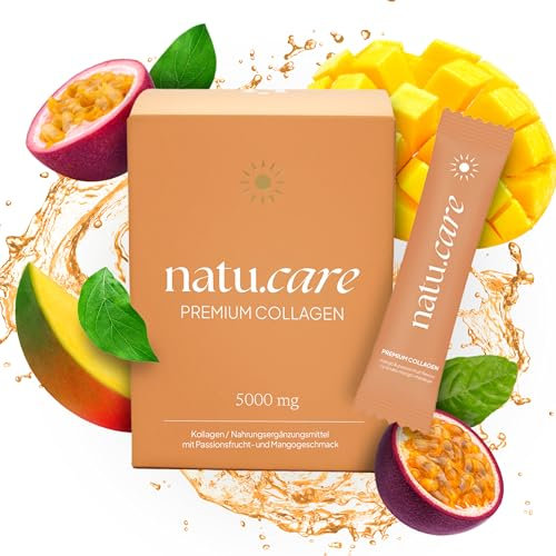 natu.care - Natürlich Collagen Pulver 5000 mg - Kollagen Pulver Hydrolysat - Marine Collagen Powder mit Vitamin C - Peptide Typ 1 - Kolagenpulver Hochdosiert Haut Haare (30 Portionen, Mango-Maracuja)