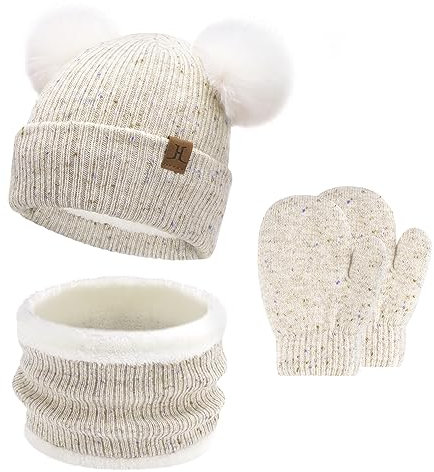Baby Mädchen Jungen Winter Warm Mütze Loop Schal Handschuhe Set, Kinder Pompom Wintermütze Strickmütze Beanie Fäustlinge Schlauchschal für 0–4 Jahre Kleinkinder Neugeborenen, Beige