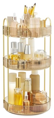 SONGMICS Make-up Organizer drehbar, Kosmetik-Organizer rund, 3 Ebenen, Kosmetik Aufbewahrung, anpassbar, für Schminktisch, Geschenkidee, weihnachten, Champagnergold JKA011A01