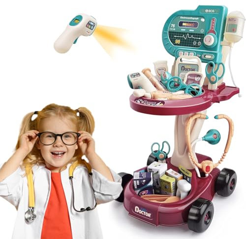 COO11 24pcs Kids Pretend Play Doctor Kit Mobile Cart with Stethoscope, Thermometer and Heart Rate Monitor, Lights and Sound, Medical Toy Set for Boys and Girls Age 3+ Years