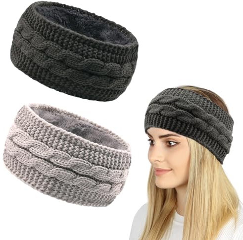 DKDDSSS 2 Pcs Winter Knitted Headband, Winter Cable Knit Headbands Women, Ear Warmer Knitted Thermal Twist Headbands, Head Wrap Winter Ear Warmer Girls Ladies (Black, Gray)