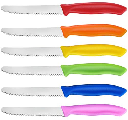 hunnycook coltelli da colazione colorati 6 pezzi, coltello da tavola seghettato con bordo seghettato, set di coltelli da colazione in acciaio inox, lavabili in lavastoviglie