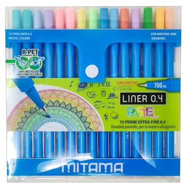 Mitama, Liner penna 0,4 pastell. Pennfodral i 15 delar - Liner 04 Extra fin penna - i pastellfärger - perfekt för skrivning, färgning, ritning - Skolpennor, kontorspennor