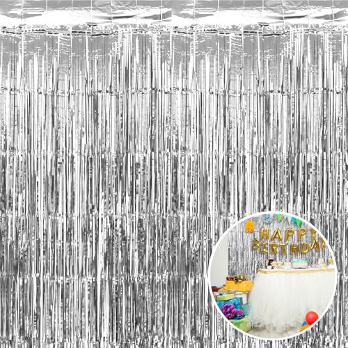 Lametta Vorhang Silber 1x2M, 2 Stück Glänzender Fransenvorhang, Shimmer Tür Fenster für Dekoration Party Hochzeit Disco Geburtstagsfeier