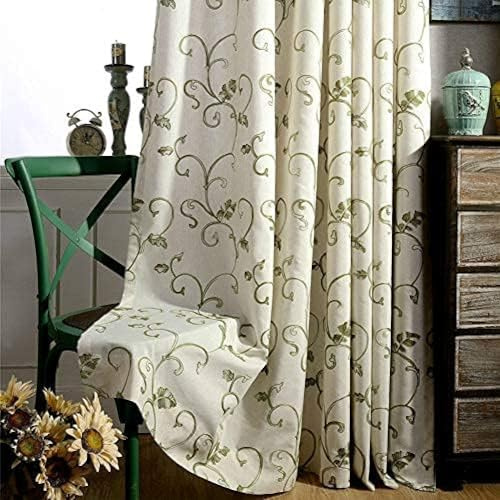 Pencil Pleat Vintage Vine Embroidery Curtains - Semi Shade, Simple Elegant for Bedroom & Living Room (Green, 66 x 84 Inch)
