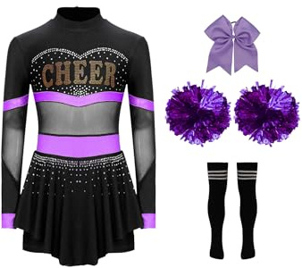 Freebily Costume Cheerleading Bambina Maniche Lunghe Vestito Corto da Cheer-Leader con Pon Pon Copricapo Calze Costume Carnevale Evento Sportivo Fancy Dress Up Outfit Viola A 5-6 anni