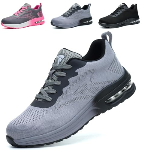 WUAYAMI Scarpe Antinfortunistiche Uomo Donna Leggere Scarpe da Lavoro con Punta in Acciaio Leggere Traspiranti Scarpe Sicurezza Comode, Grigio, 44 EU