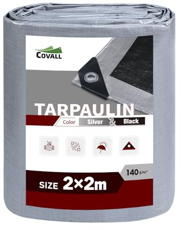 Covall Lona Impermeable de Alta Resistencia para Exteriores 140g/m² Plata/Negro Cubierta de Suelo Multiusos Techo Piscina Camión RV Camping Construcción Jardín Cobertizo para Mascotas.(2x2m)