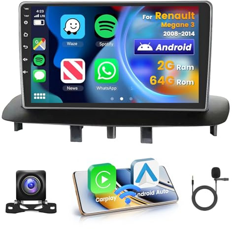 Roinvou 2+64GB Radio Coche para Renault Megane 3 2008-2014 Inalámbrico Carplay Android Auto, 9 Pulgadas Pantalla Táctil Android 15 Bluetooth Radio con WiFi GPS EQ FM/RDS SWC Cámara Trasera