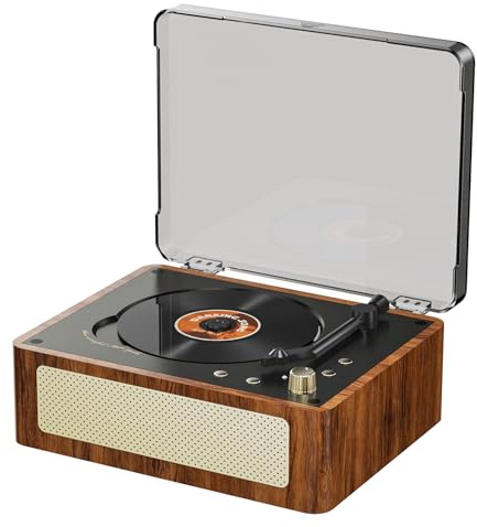 Kompakt skivspelare med högtalare, bärbar vintage trä BT -spelare skrivbordsspelare med fjärrkontroll för sund njutning retro
