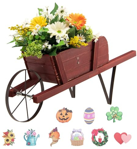 DREAMADE Wooden Wagon Planter, Flower Cart Display Stand w/Metal Wheels & Removable Magnetic Decoration, Wagon Decorative Garden Planter for Plants & Seasonal Displays, Pine Wood (Red)