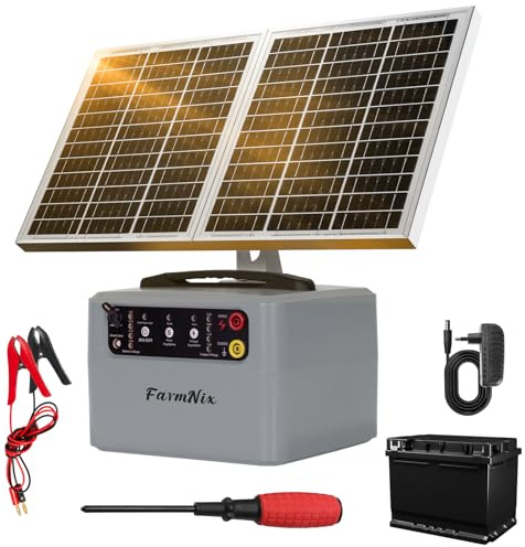 48KM Solar Pastor Electrico, 0.3- 1.5J 6-12KV Ajustable pastor electrico Cerca eléctrica Controlador para Granja de animales, Electrificador de cercados para Ganado, Aves, Granja