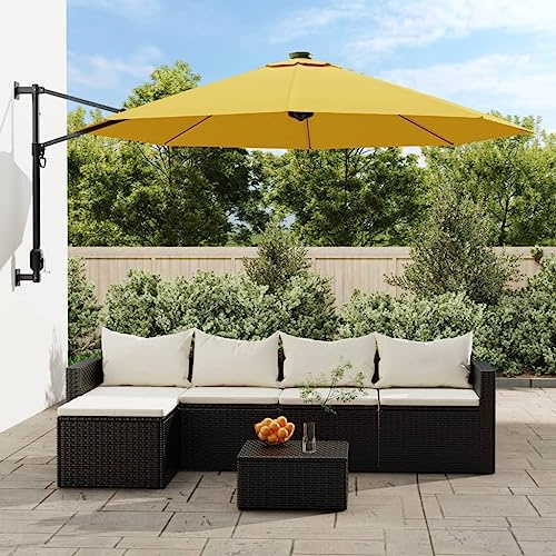 Wand-Sonnenschirm Gelb 290 cm Durchmesser, 28 LEDs, kippbar, UV-Schutz Polyester, Markisen draußen, Terrassen Sonnenschutz, Sonnensegel Garten Balkon Außenbereich