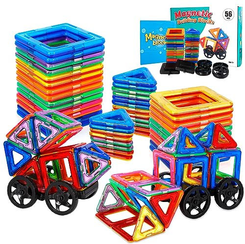 JUQG 56Pcs Bloques de Construcción Magnéticos, 3D Juguetes de Construcción Magnéticos, Juguetes Educativos de Bloques de Construcción, Regalo de Juguete Magnético para Más de 3 Niños y Niñas