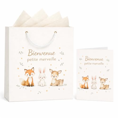 JOVYTH Sac Cadeau Naissance Bébé – 1 Sac avec Papier de Soie Crème et Carte, Motif Animaux de la Forêt, Cadeau Fille et Garçon, Idéal Baby Shower et Baptême – 26x22x10cm