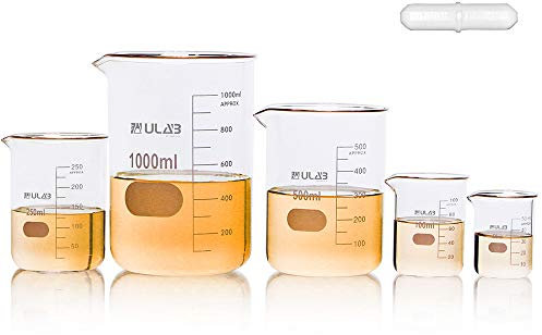 ULAB Scientific Becherglas Set mit Magnetrührstab Angeboten, 5 Größen 50 ml 100 ml 250 ml 500 ml 1000 ml, 3,3 Boro Griffin Niedrige Form mit Aufgedruckter Graduierung, UBG1002