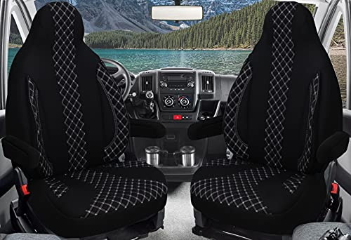 Maß Sitzbezüge Schonbezüge Pilotsitze Fahrer & Beifahrer Set kompatibel mit Wohnmobil FIAT Ducato, Pössl, Knaus, Adria, Carthago, Pilote Laika WPL408 Schwarz/Weiß