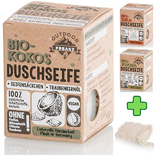 Bio Duschseife mit Seifensäckchen ohne Plastik und Palmöl (Kokos)