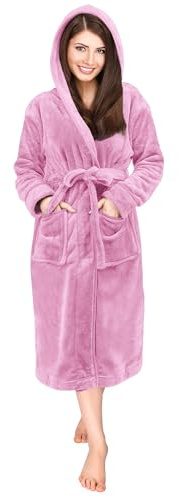 NY Threads Luxury Ladies Hooded Dressing Gown Super Soft Fleece Women's Robe Comfortable Loungewear and Nightwear, Pink, X-Large