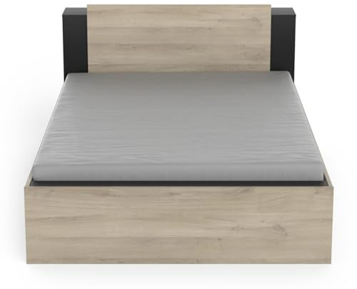Lit 140 x 190/200 avec Rangement Industriel 2 Tiroirs 2 Niches – Coloris Noir Mat & Chêne Clair - 144,7 x 227 x 87,7 cm